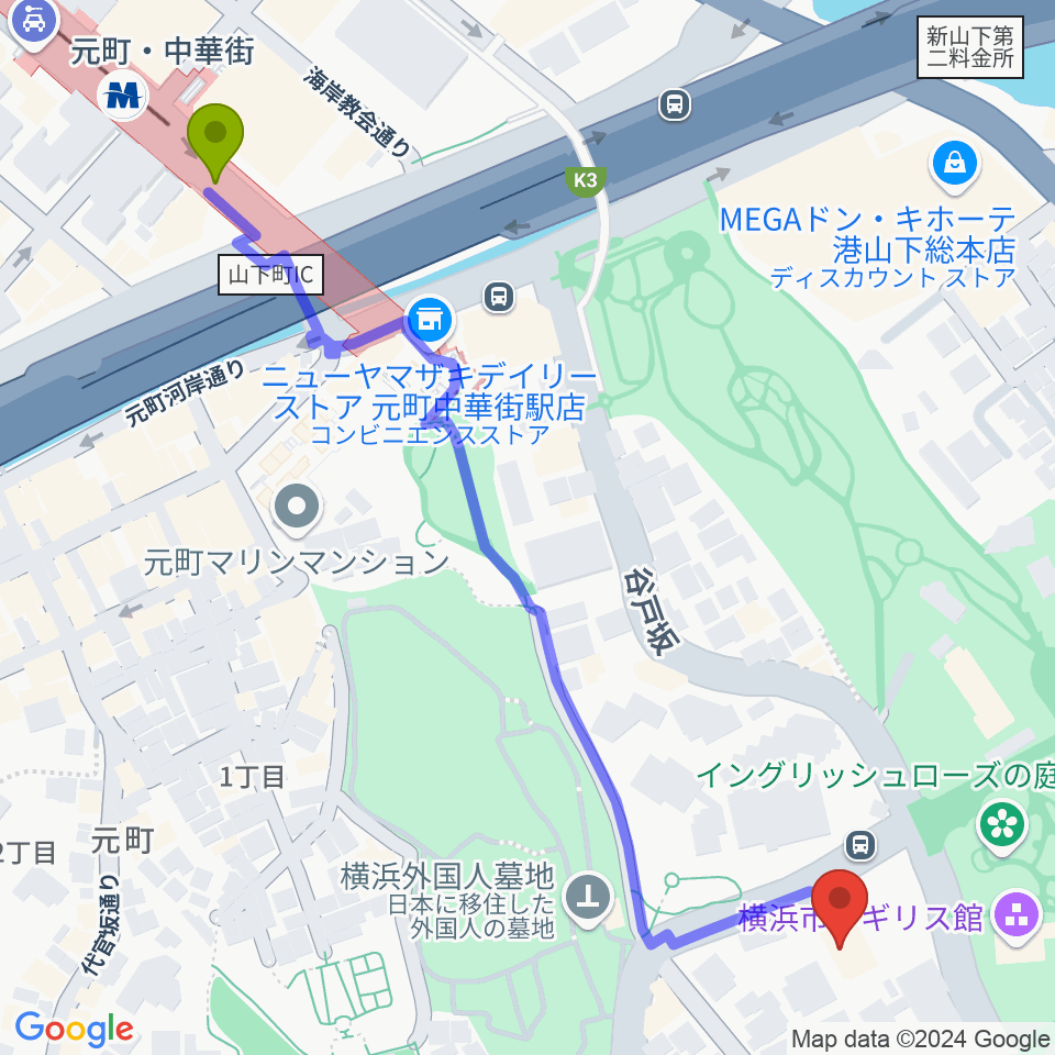 岩崎博物館 ゲーテ座記念の最寄駅元町・中華街駅からの徒歩ルート（約7分）地図