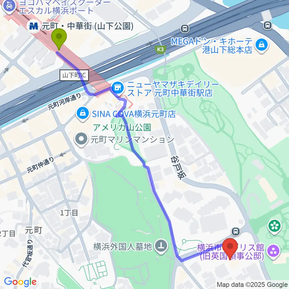 岩崎博物館 ゲーテ座記念の最寄駅元町・中華街駅からの徒歩ルート（約7分）地図