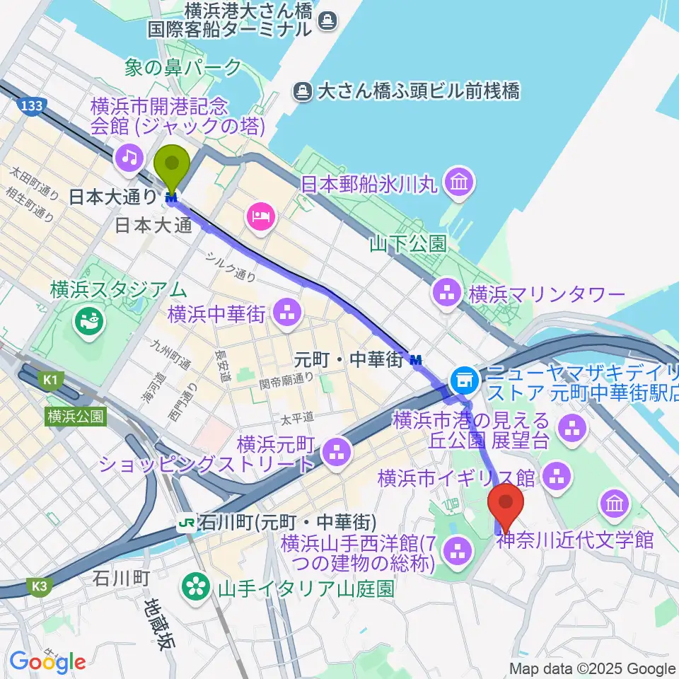 日本大通り駅から山手資料館へのルートマップ地図