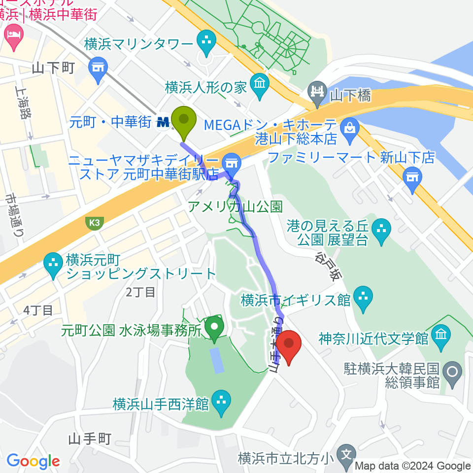 山手資料館の最寄駅元町・中華街駅からの徒歩ルート（約8分）地図