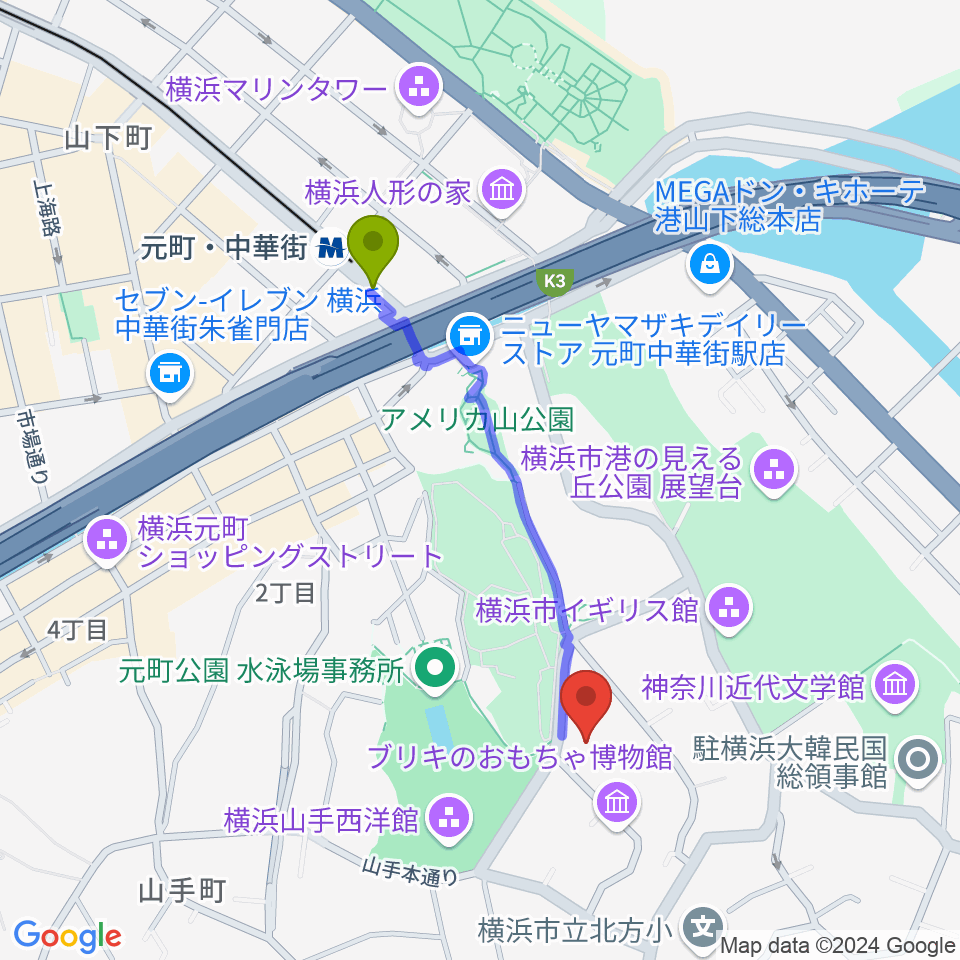 山手資料館の最寄駅元町・中華街駅からの徒歩ルート（約8分）地図