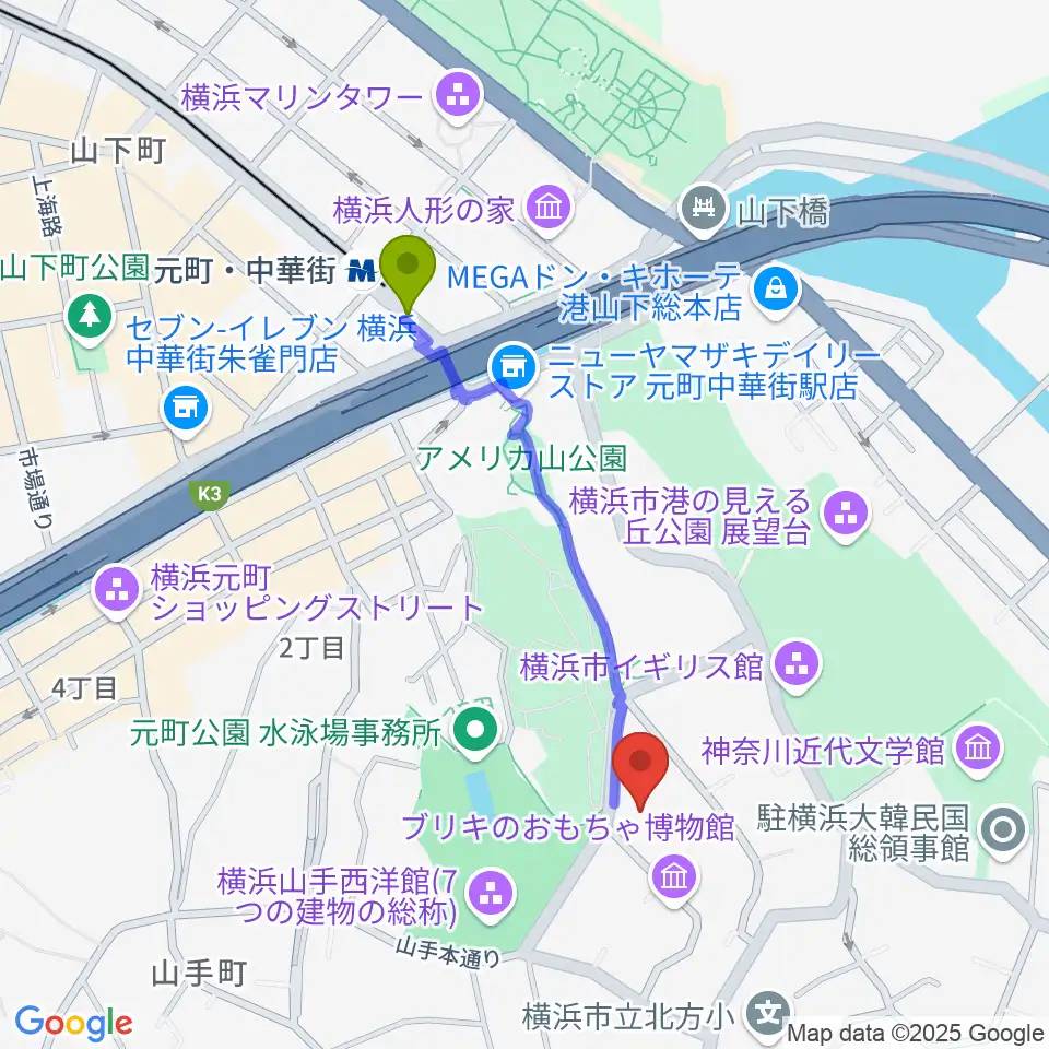 山手資料館の最寄駅元町・中華街駅からの徒歩ルート（約8分）地図