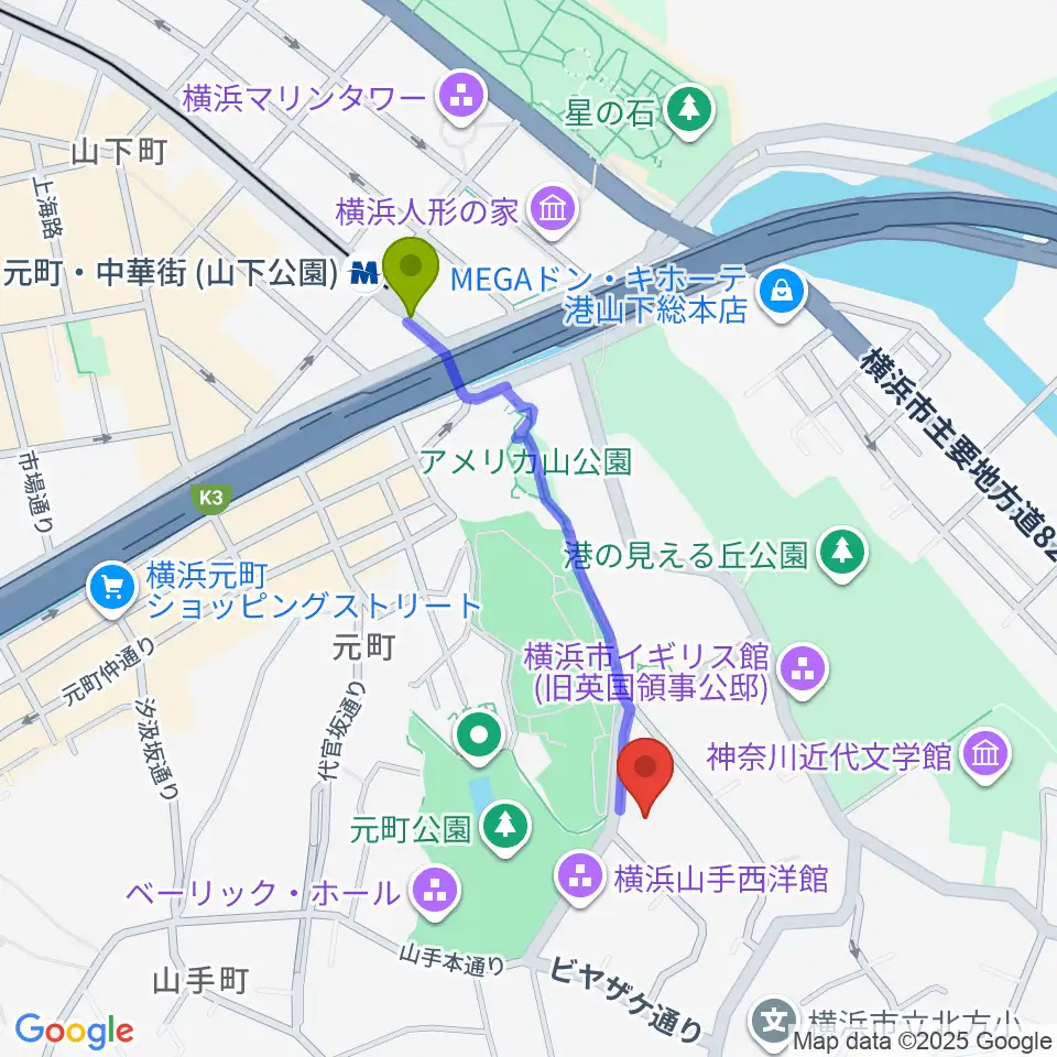 山手資料館の最寄駅元町・中華街駅からの徒歩ルート（約8分）地図
