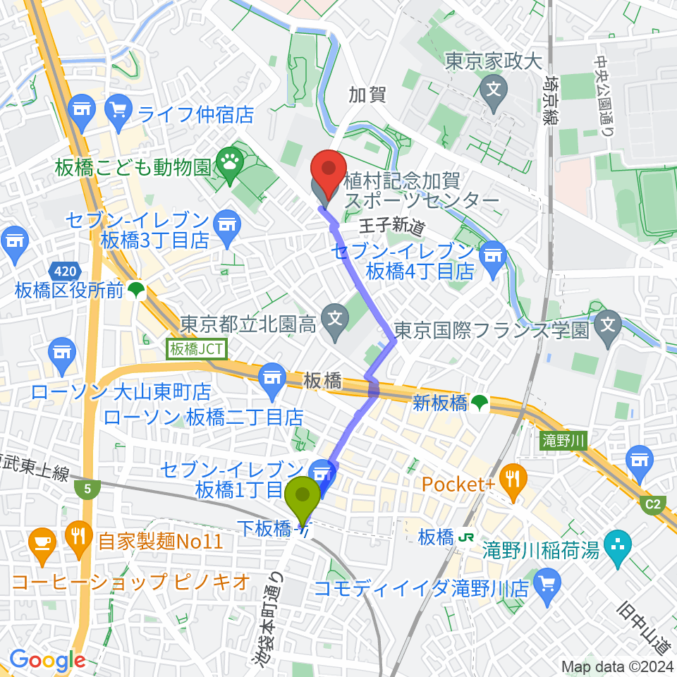 下板橋駅から板橋区立植村記念加賀スポーツセンターへのルートマップ地図