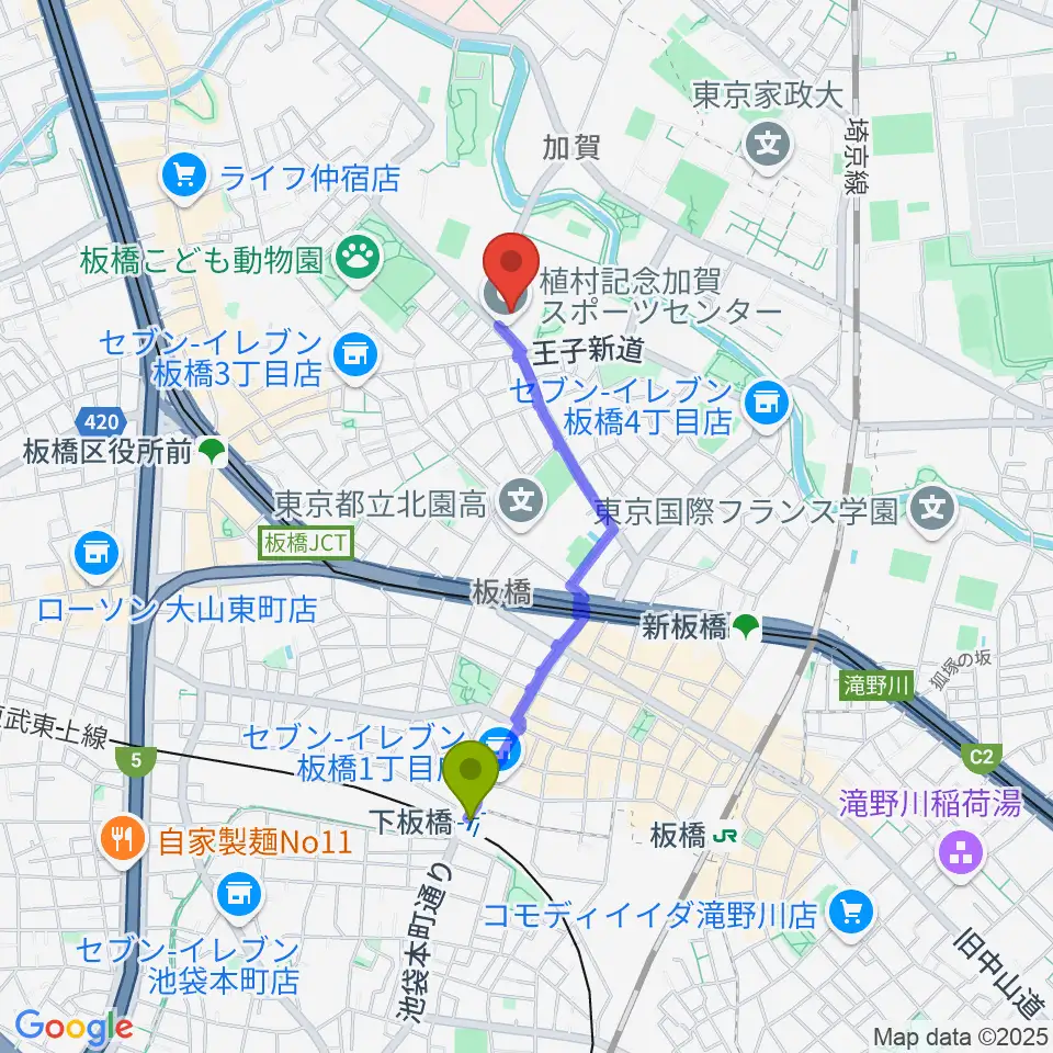 下板橋駅から板橋区立植村記念加賀スポーツセンターへのルートマップ地図