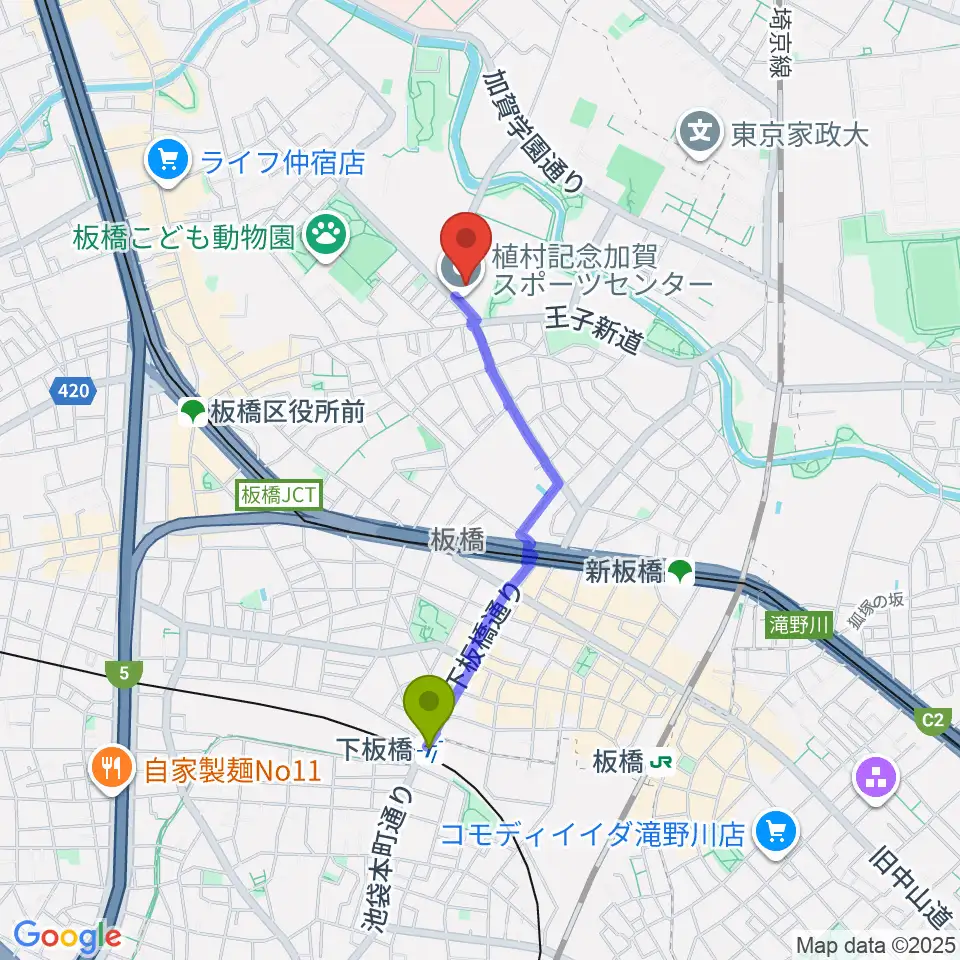 下板橋駅から板橋区立植村記念加賀スポーツセンターへのルートマップ地図