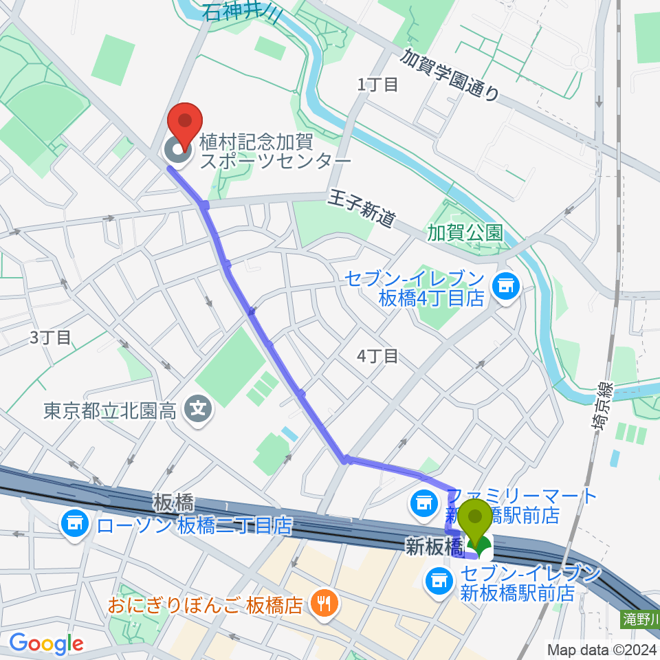 新板橋駅から板橋区立植村記念加賀スポーツセンターへのルートマップ地図