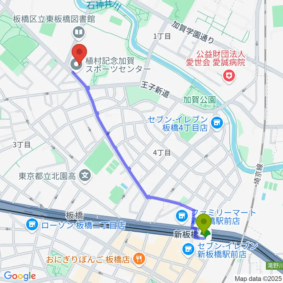 新板橋駅から板橋区立植村記念加賀スポーツセンターへのルートマップ地図