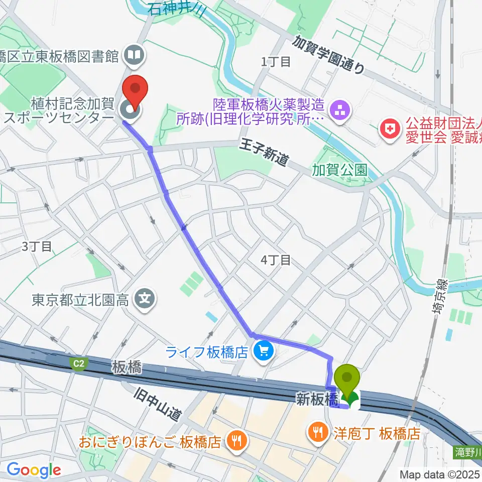 新板橋駅から板橋区立植村記念加賀スポーツセンターへのルートマップ地図