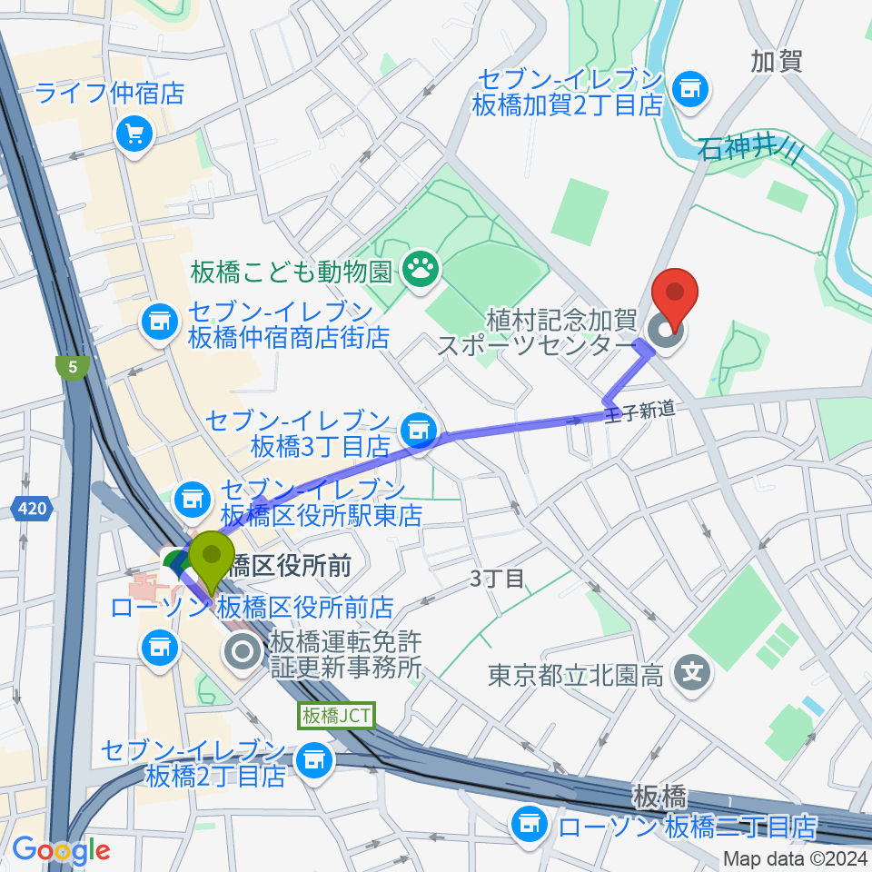 板橋区立植村記念加賀スポーツセンターの最寄駅板橋区役所前駅からの徒歩ルート（約9分）地図