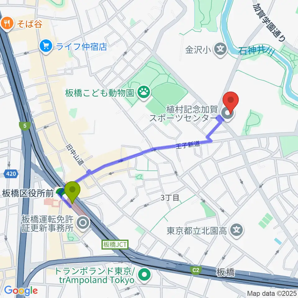 板橋区立植村記念加賀スポーツセンターの最寄駅板橋区役所前駅からの徒歩ルート（約9分）地図