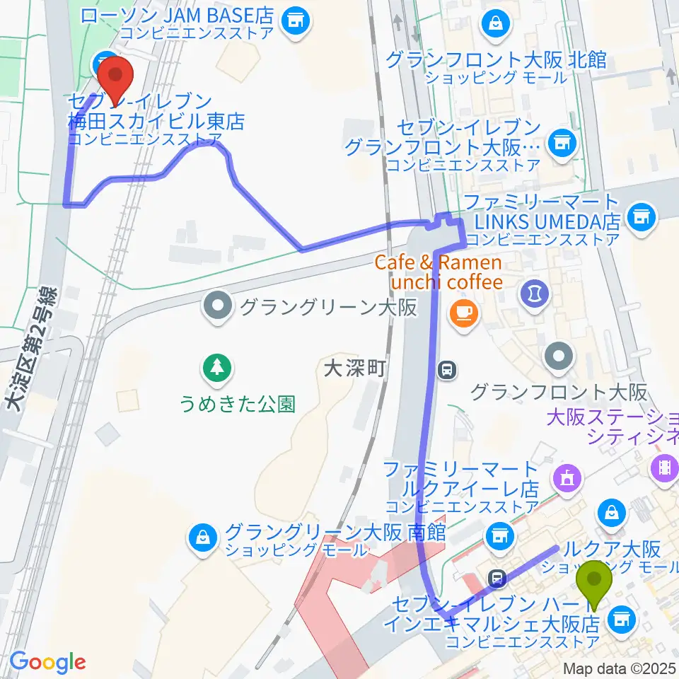 7th Noteの最寄駅大阪駅からの徒歩ルート（約8分）地図