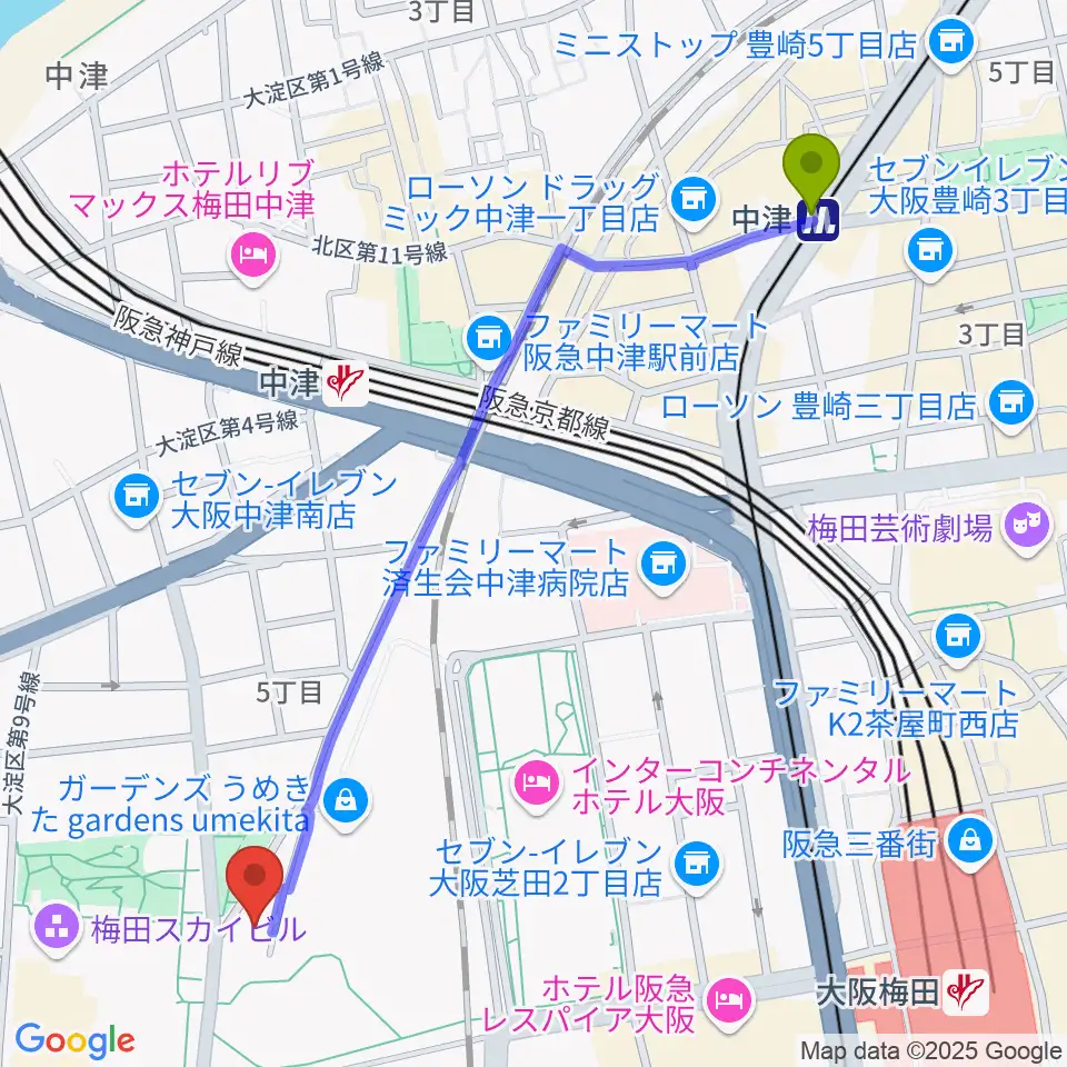 中津駅から7th Noteへのルートマップ地図