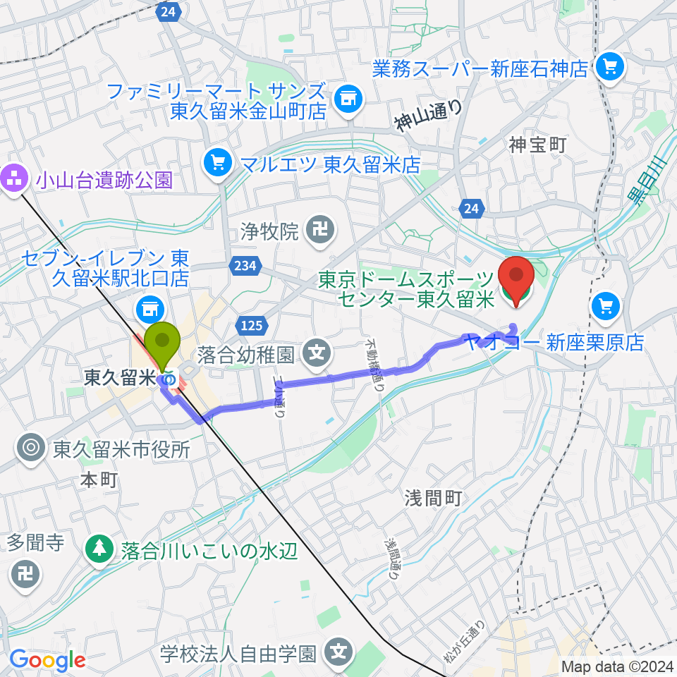東久留米市スポーツセンターの最寄駅東久留米駅からの徒歩ルート（約17分）地図
