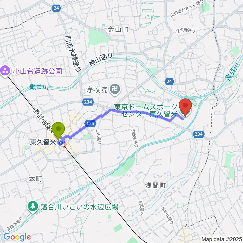 東久留米市スポーツセンターの最寄駅東久留米駅からの徒歩ルート（約17分）地図