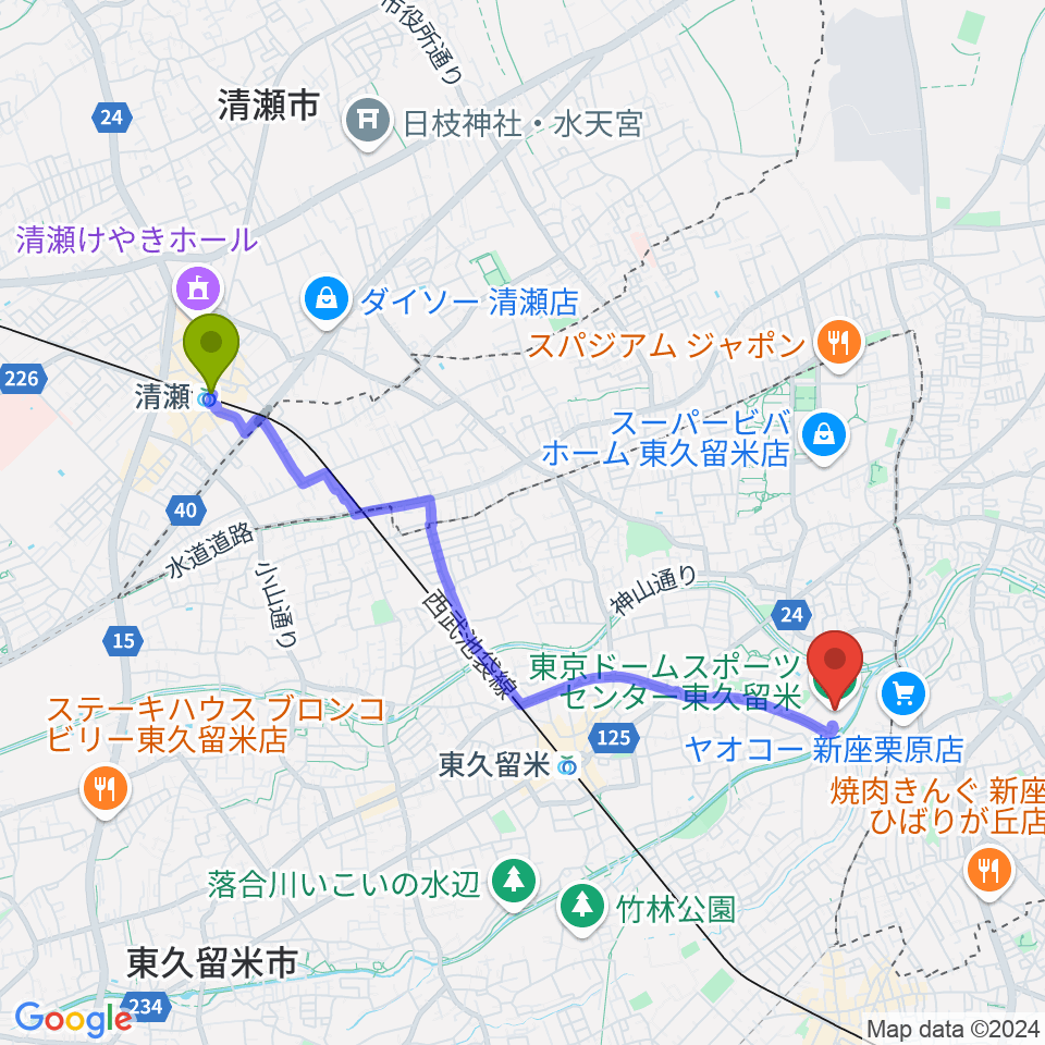 清瀬駅から東久留米市スポーツセンターへのルートマップ地図