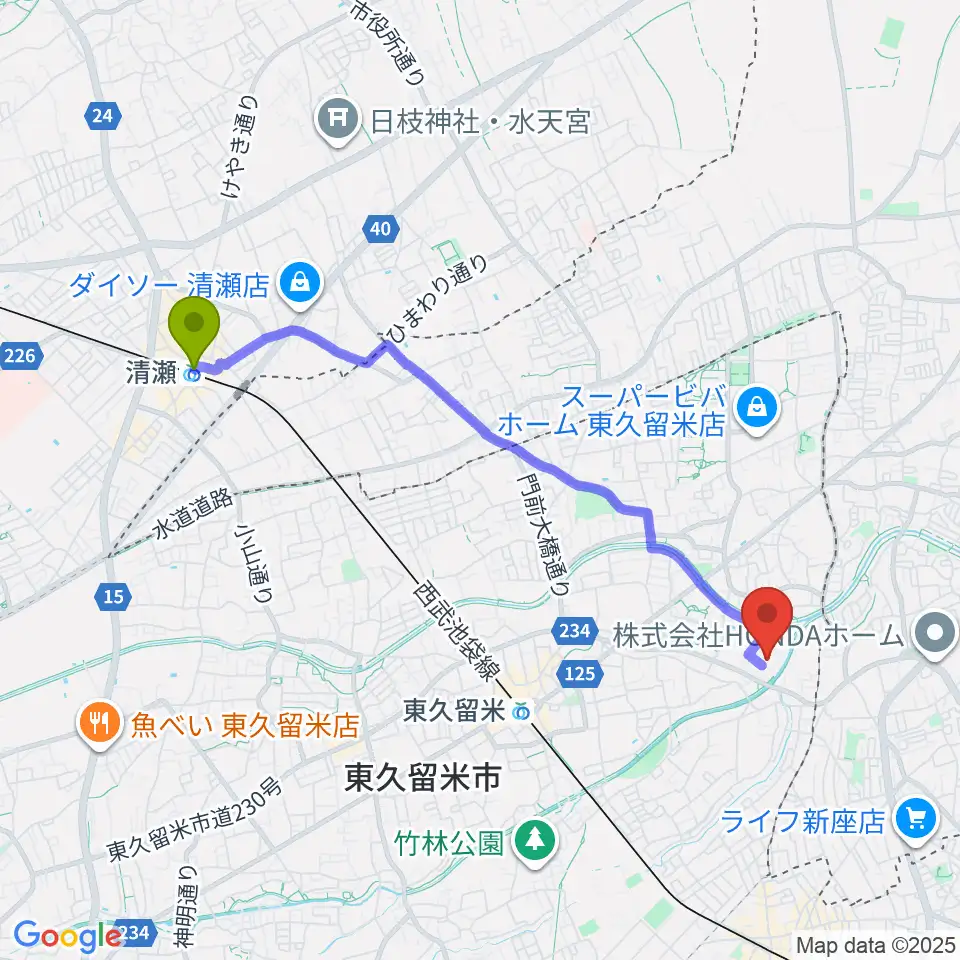 清瀬駅から東久留米市スポーツセンターへのルートマップ地図