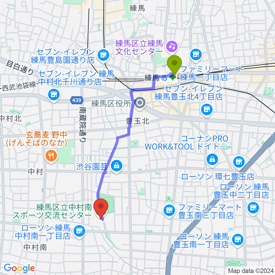 練馬駅から練馬区立中村南スポーツ交流センターへのルートマップ地図