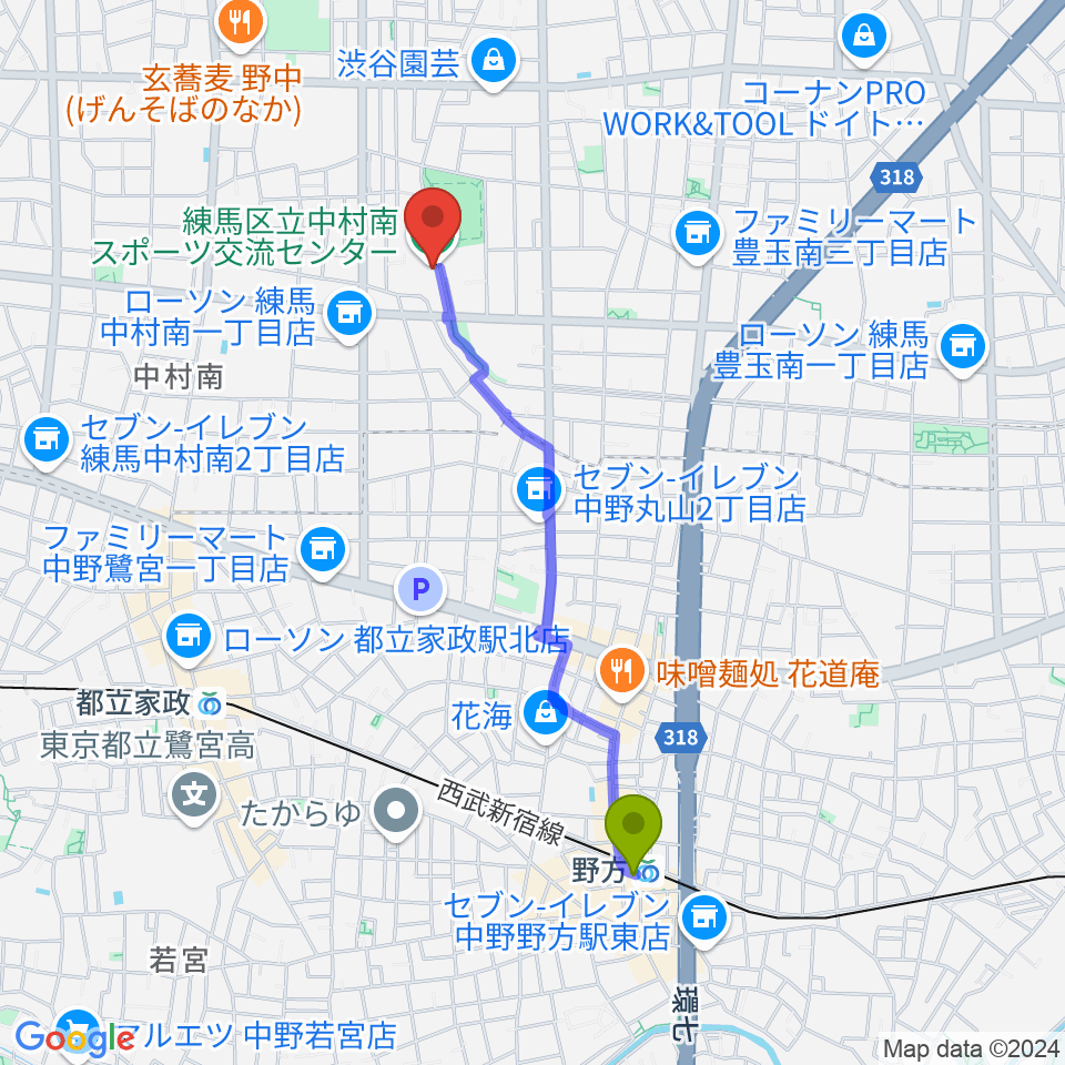 野方駅から練馬区立中村南スポーツ交流センターへのルートマップ地図