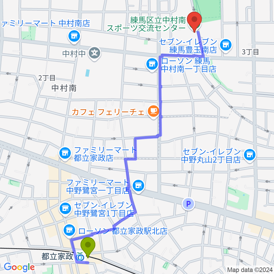 練馬区立中村南スポーツ交流センターの最寄駅都立家政駅からの徒歩ルート（約14分）地図