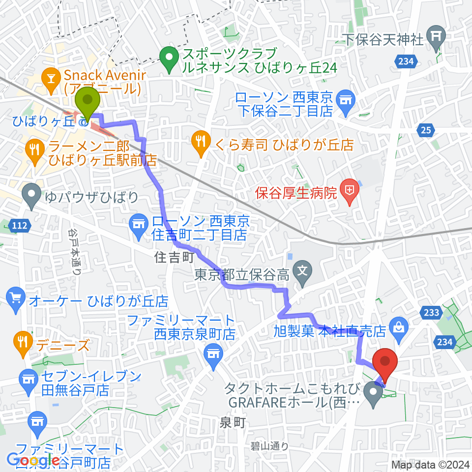 ひばりヶ丘駅から西東京市スポーツセンターへのルートマップ地図