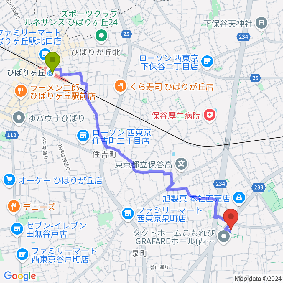 ひばりヶ丘駅から西東京市スポーツセンターへのルートマップ地図