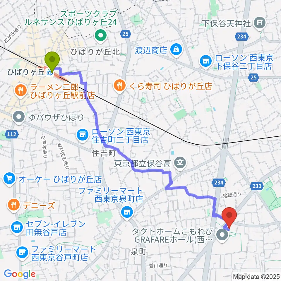 ひばりヶ丘駅から西東京市スポーツセンターへのルートマップ地図