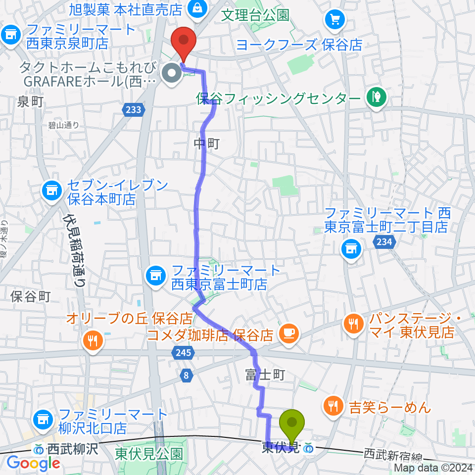 東伏見駅から西東京市スポーツセンターへのルートマップ地図