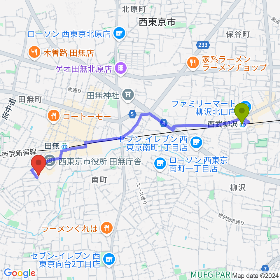 西武柳沢駅から西東京市南町スポーツ・文化交流センターきらっとへのルートマップ地図