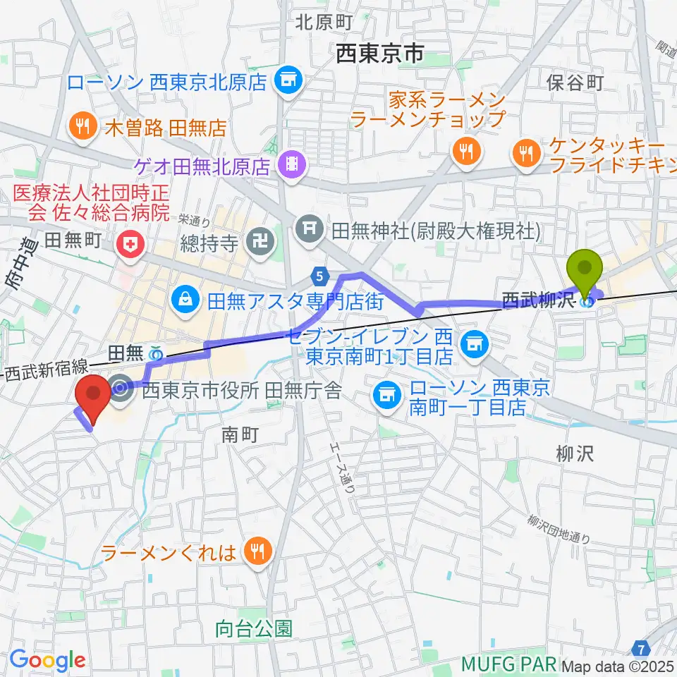 西武柳沢駅から西東京市南町スポーツ・文化交流センターきらっとへのルートマップ地図