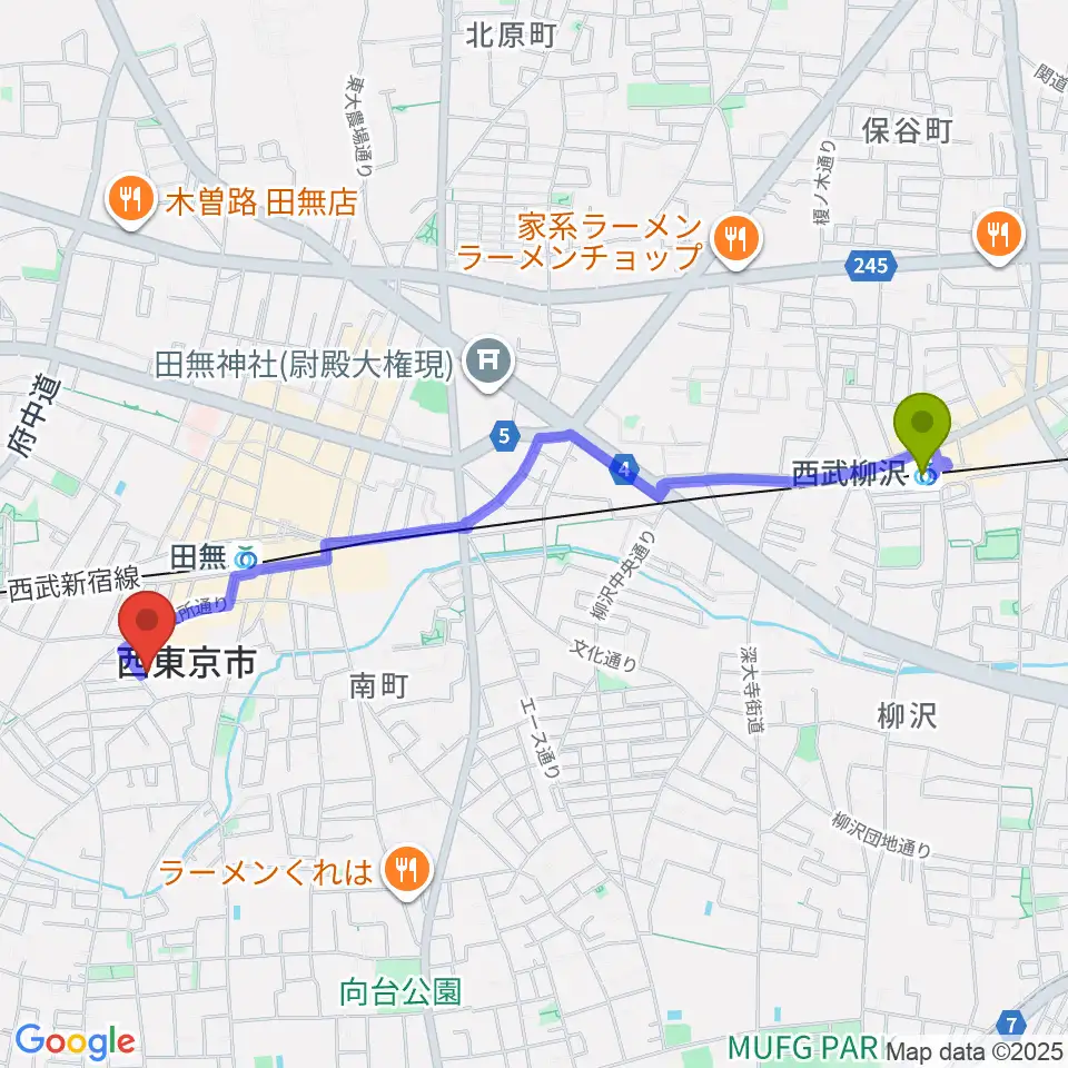 西武柳沢駅から西東京市南町スポーツ・文化交流センターきらっとへのルートマップ地図