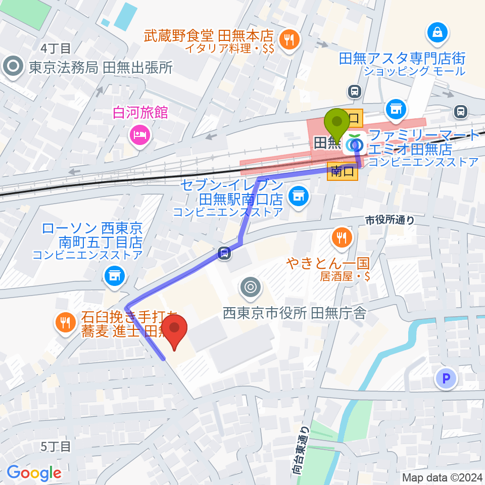 西東京市南町スポーツ・文化交流センターきらっとの最寄駅田無駅からの徒歩ルート（約4分）地図