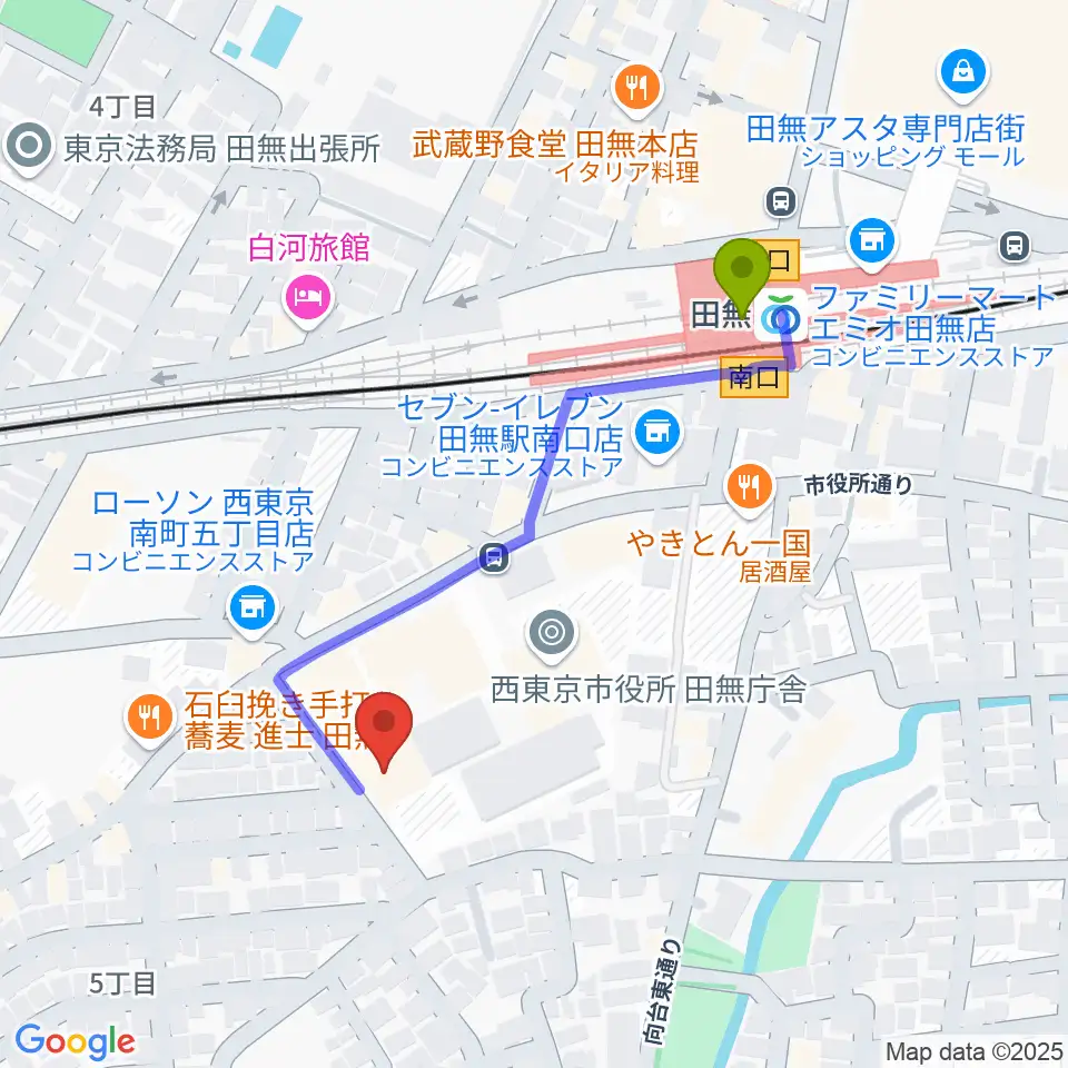 西東京市南町スポーツ・文化交流センターきらっとの最寄駅田無駅からの徒歩ルート（約4分）地図