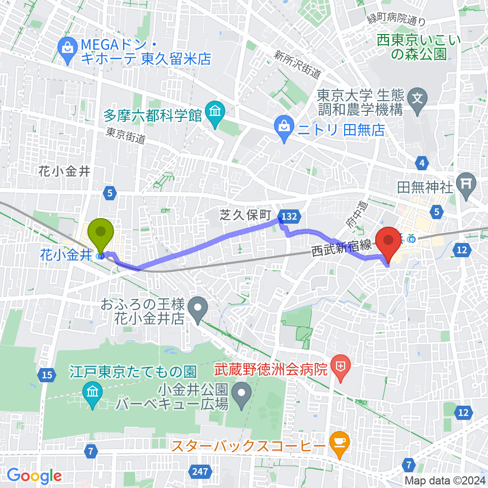 花小金井駅から西東京市南町スポーツ・文化交流センターきらっとへのルートマップ地図