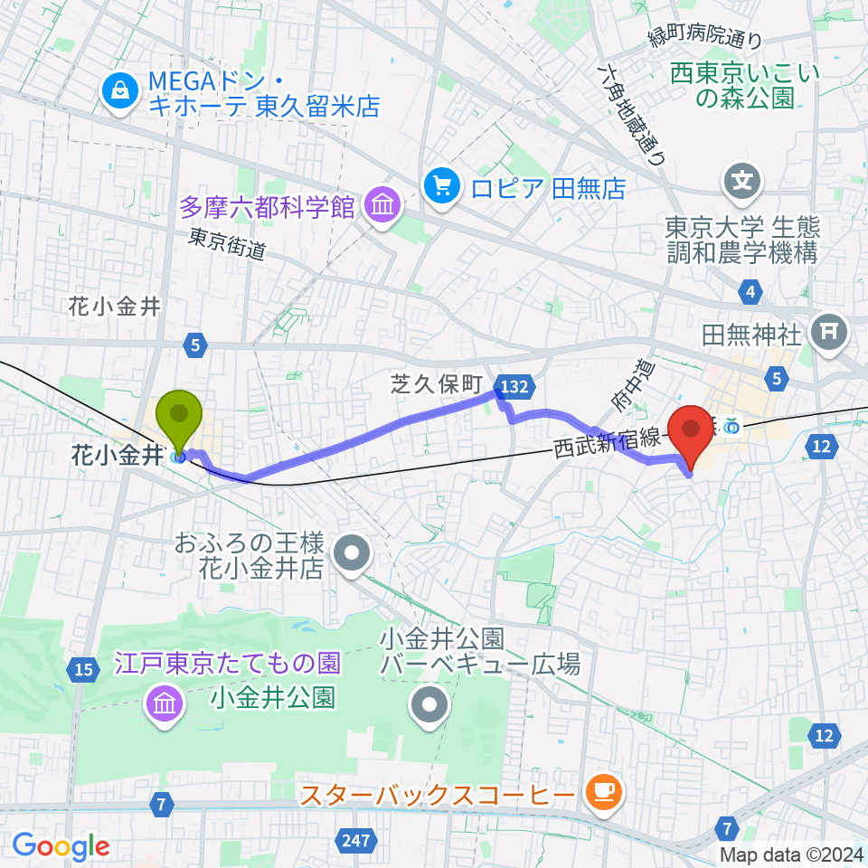 花小金井駅から西東京市南町スポーツ・文化交流センターきらっとへのルートマップ地図