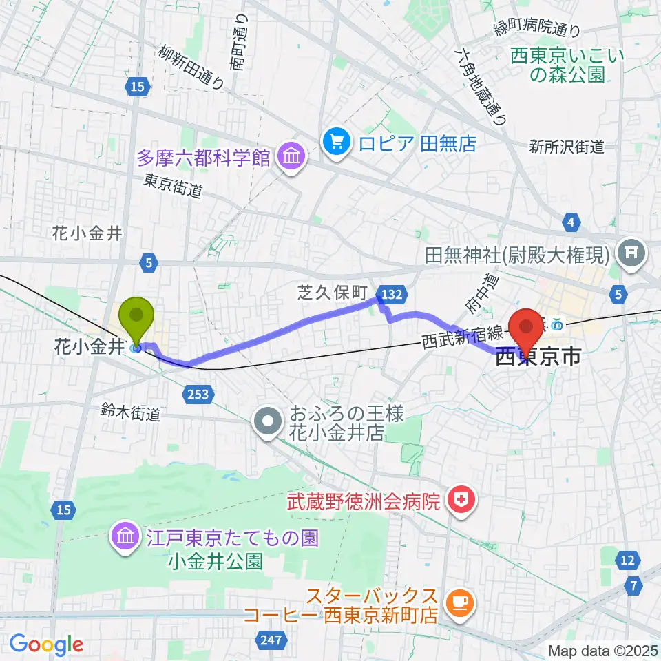 花小金井駅から西東京市南町スポーツ・文化交流センターきらっとへのルートマップ地図