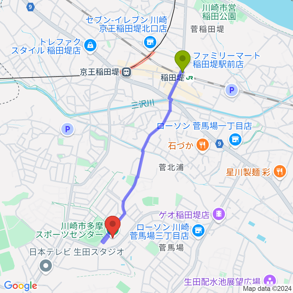 稲田堤駅から川崎市多摩スポーツセンターへのルートマップ地図