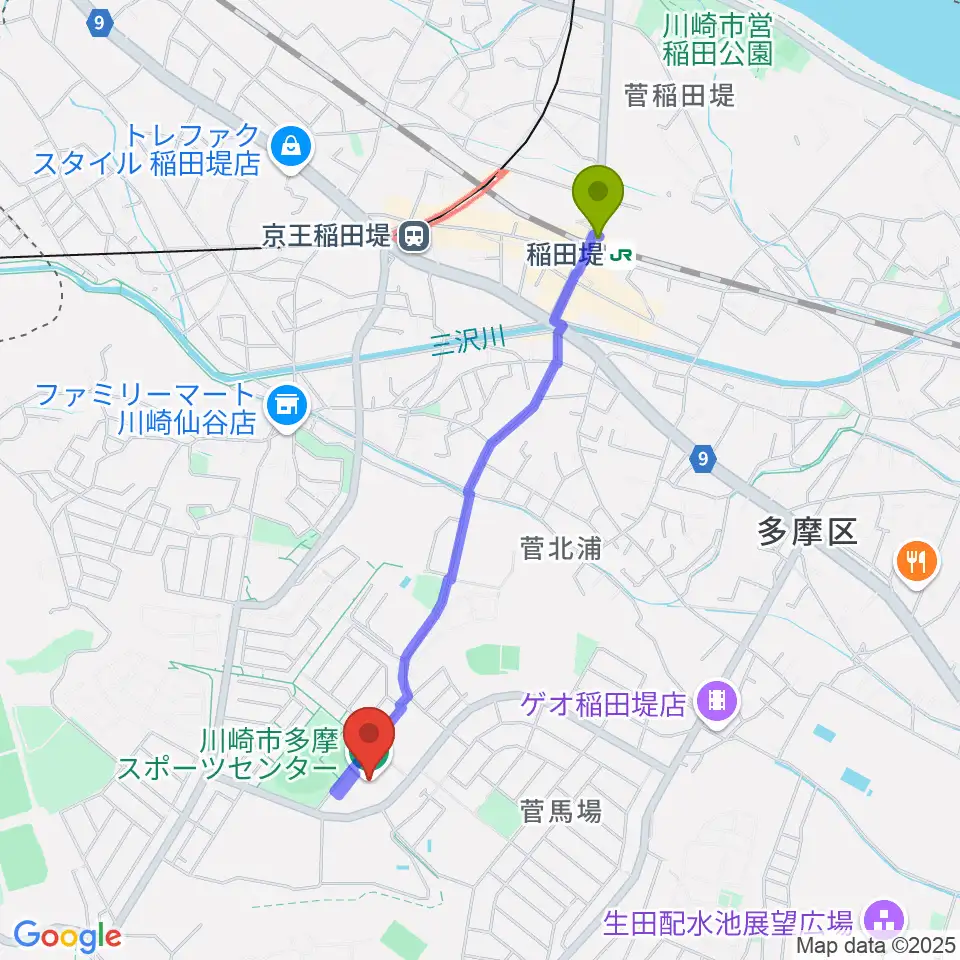 稲田堤駅から川崎市多摩スポーツセンターへのルートマップ地図