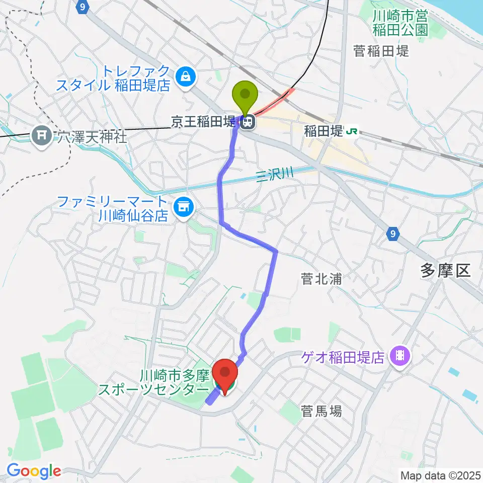 川崎市多摩スポーツセンターの最寄駅京王稲田堤駅からの徒歩ルート（約18分）地図