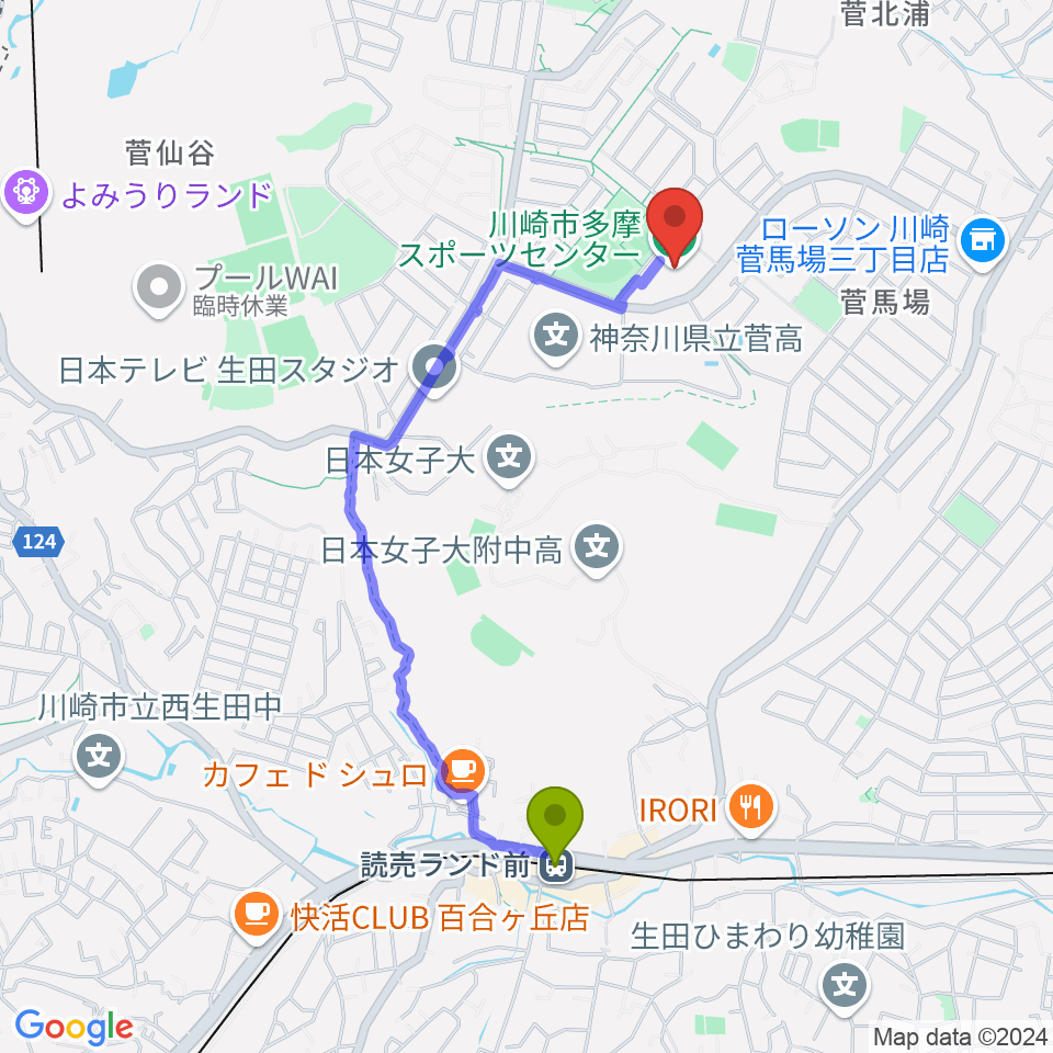 読売ランド前駅から川崎市多摩スポーツセンターへのルートマップ地図