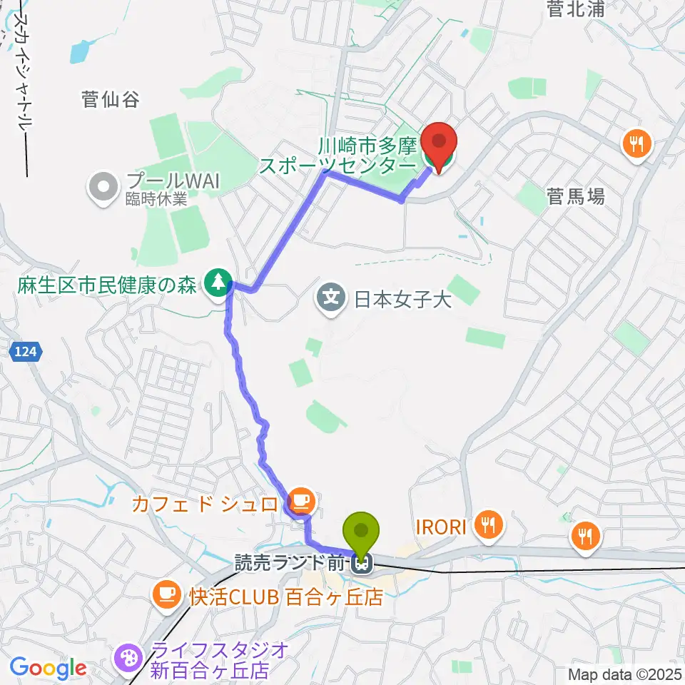 読売ランド前駅から川崎市多摩スポーツセンターへのルートマップ地図