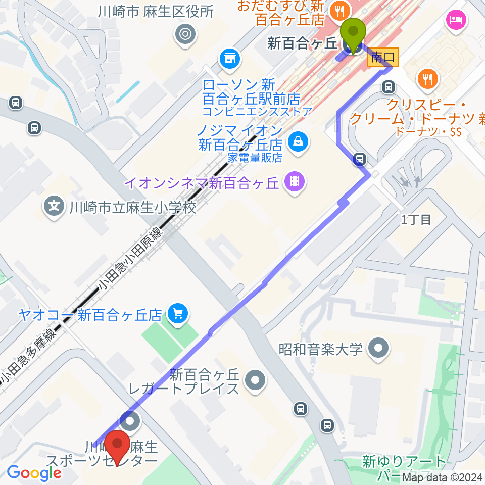 川崎市麻生スポーツセンターの最寄駅新百合ヶ丘駅からの徒歩ルート（約8分）地図