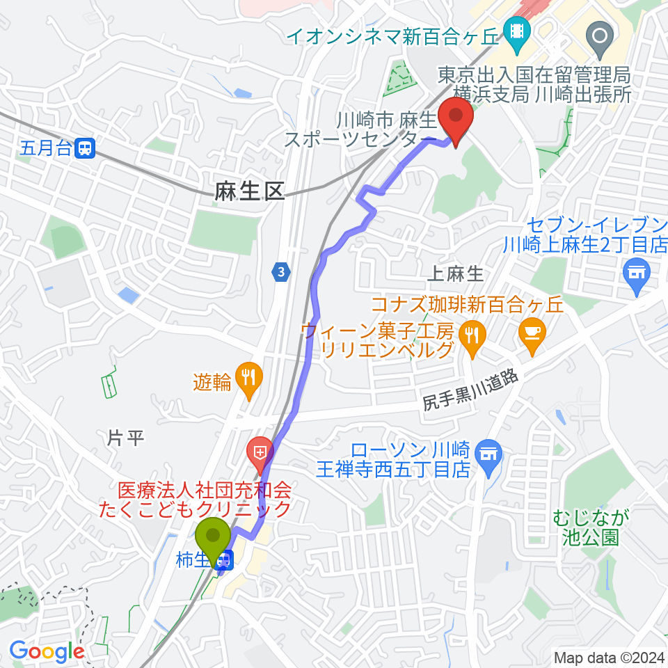 柿生駅から川崎市麻生スポーツセンターへのルートマップ地図