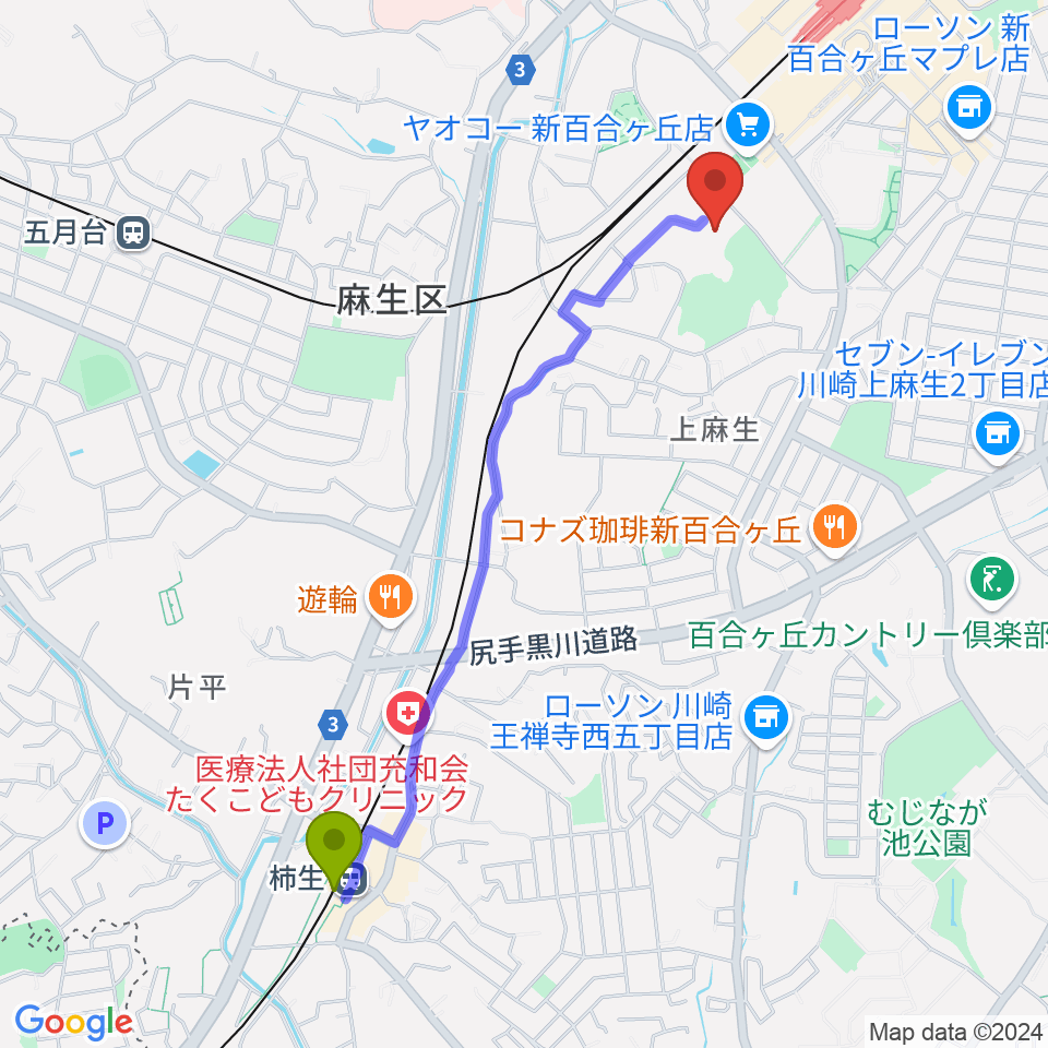 柿生駅から川崎市麻生スポーツセンターへのルートマップ地図