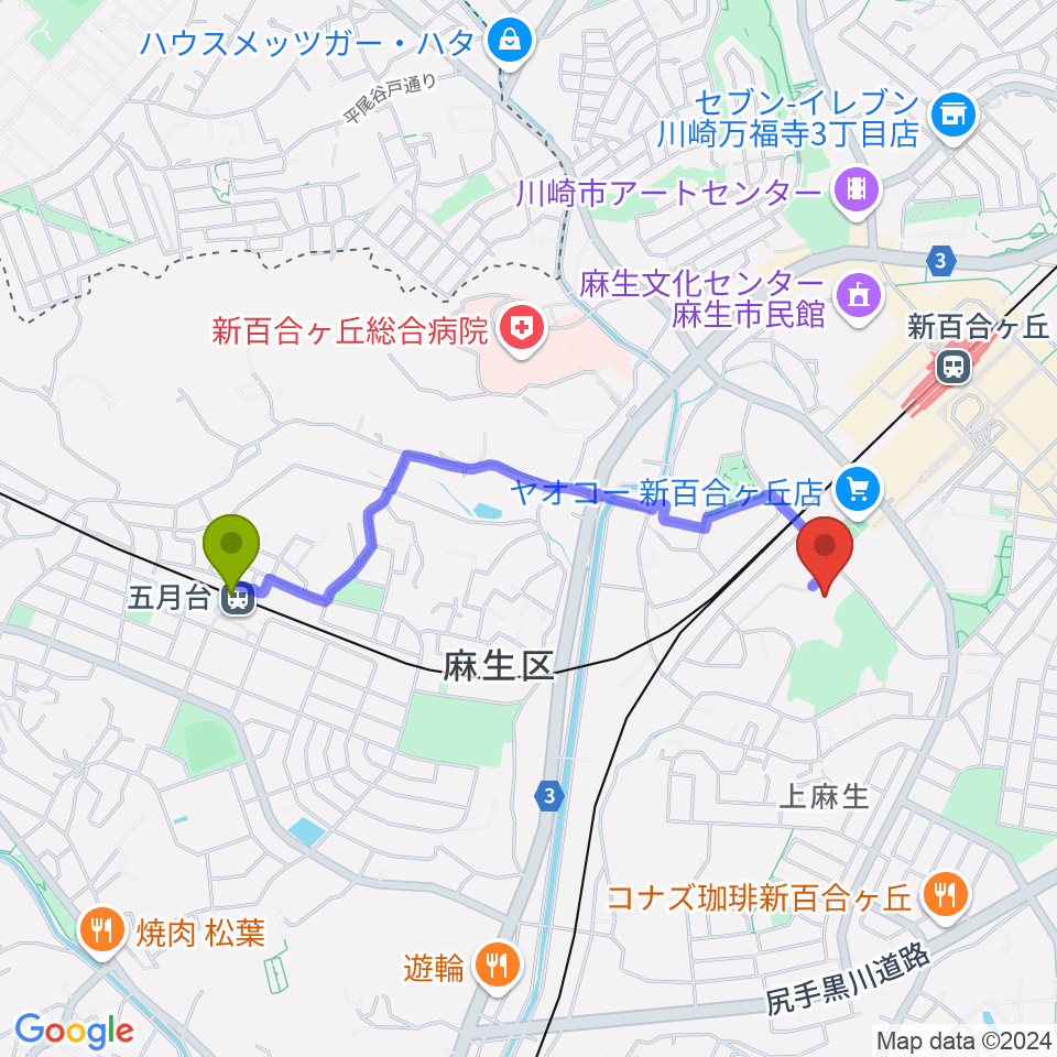 五月台駅から川崎市麻生スポーツセンターへのルートマップ地図