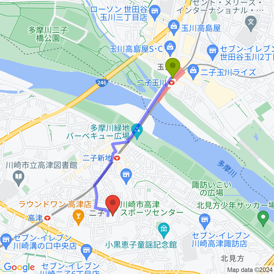 二子玉川駅から川崎市高津スポーツセンターへのルートマップ地図