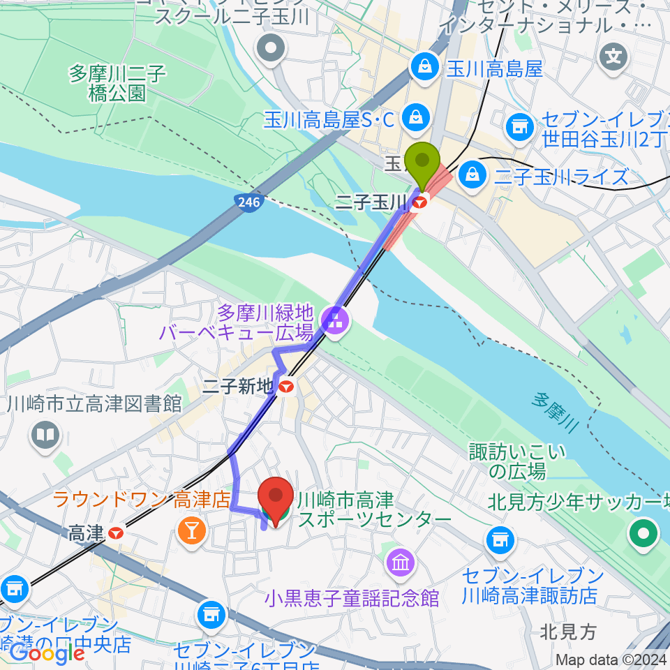 二子玉川駅から川崎市高津スポーツセンターへのルートマップ地図