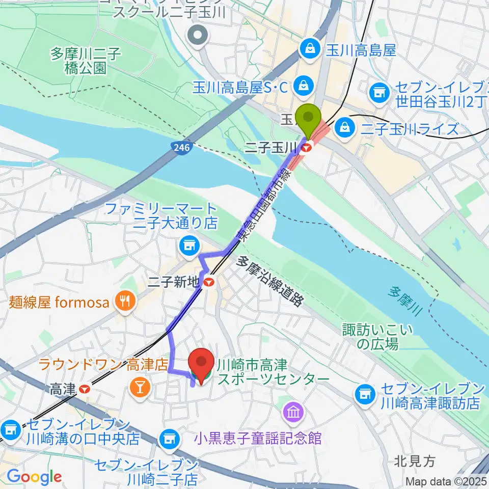 二子玉川駅から川崎市高津スポーツセンターへのルートマップ地図