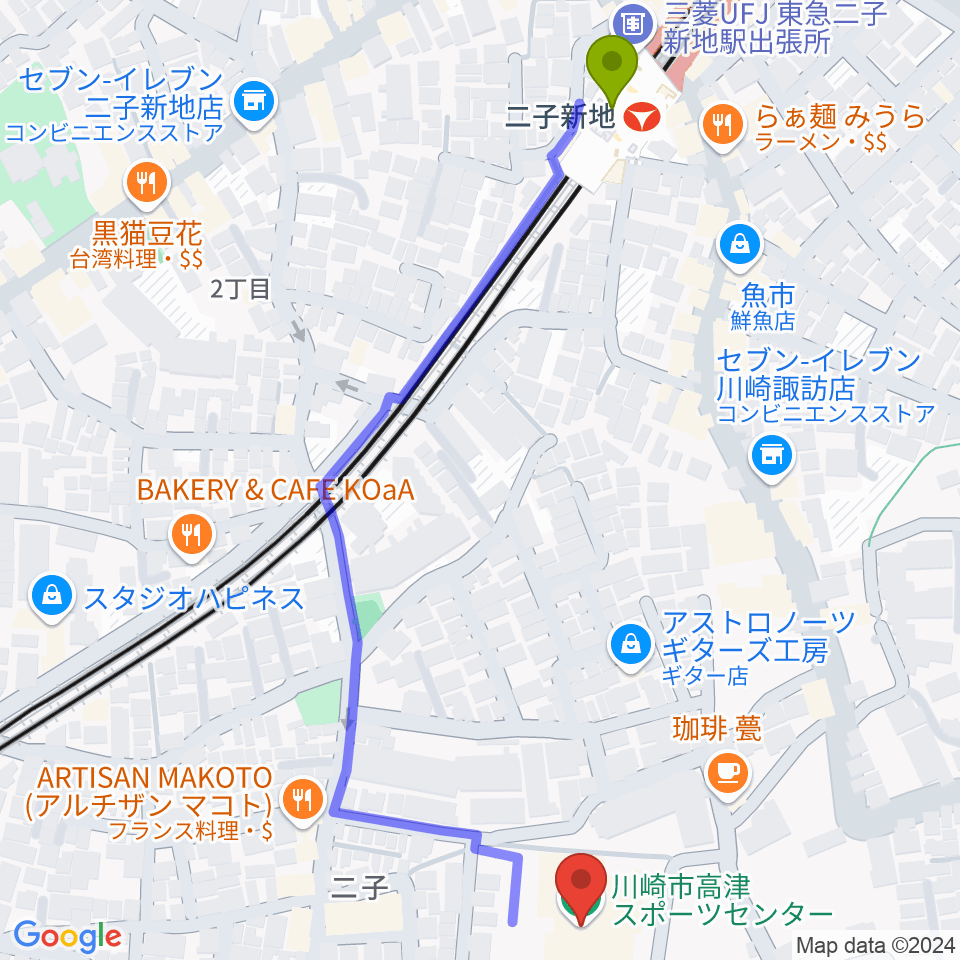 川崎市高津スポーツセンターの最寄駅二子新地駅からの徒歩ルート（約7分）地図