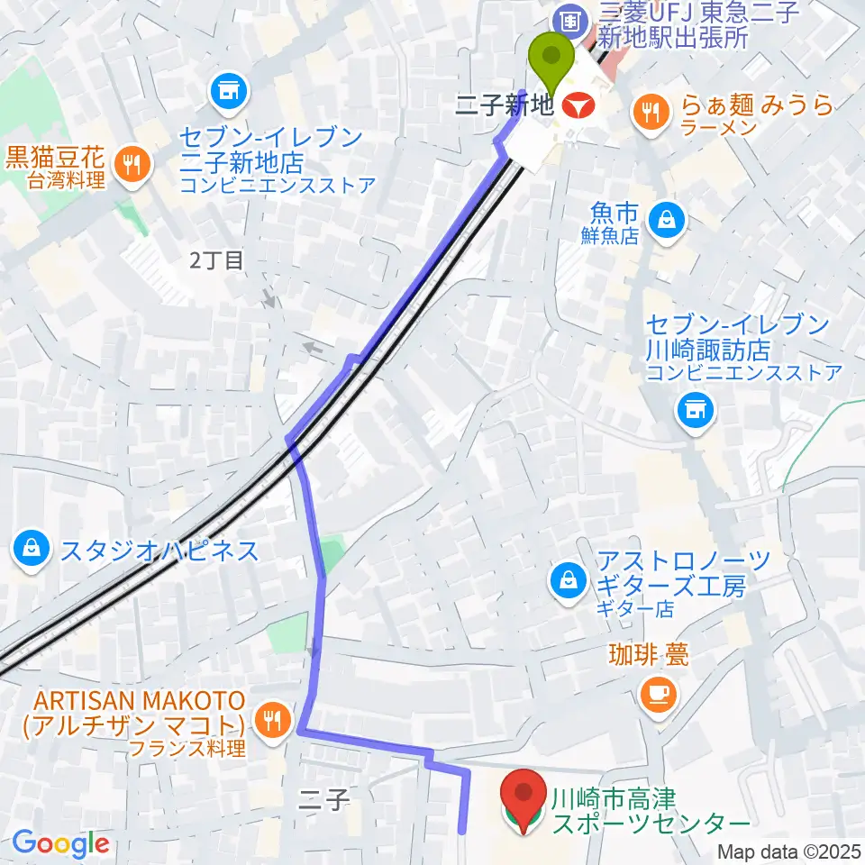 川崎市高津スポーツセンターの最寄駅二子新地駅からの徒歩ルート（約7分）地図